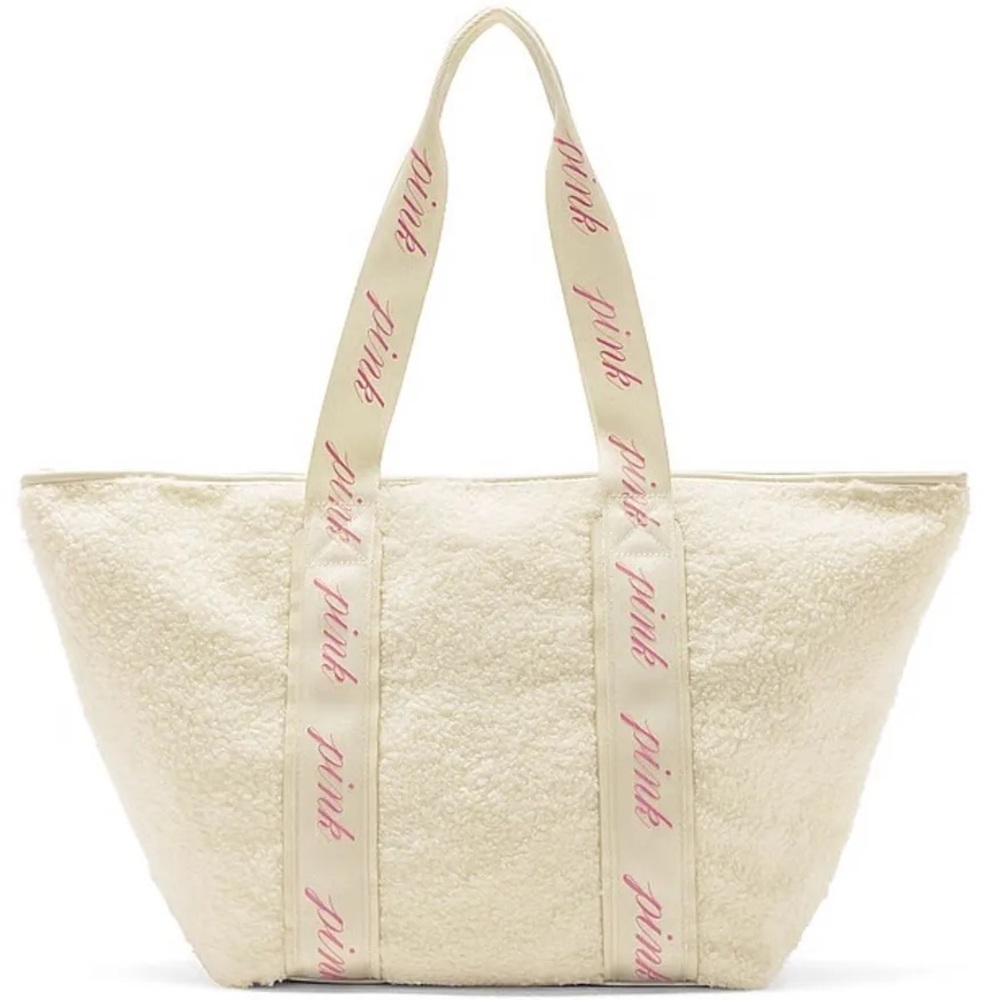 PINK Victoria's Secret Casual Plush Sherpa Shoulder Tote Bag in Cream & Pink